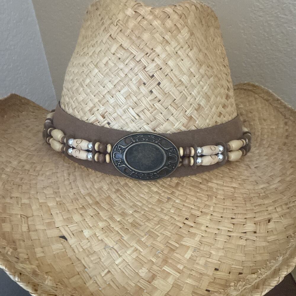 Henschel Hat Co Straw Cowboy Hat Medium With Leather And Beads Hatband Made USA - Picture 2 of 14